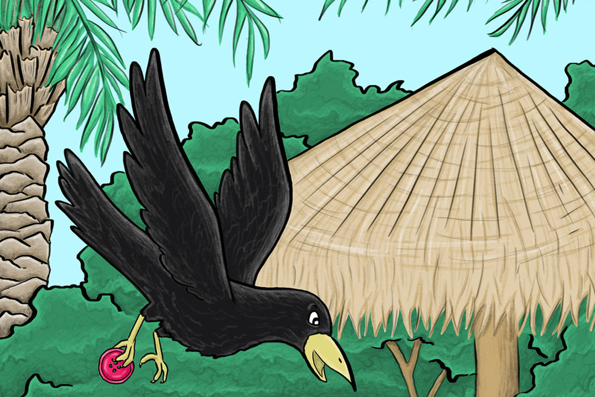 Crow flying with a button in his talon and palm trees in the background